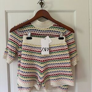 NWT Zara Crochet Colorful Striped Knit Set (shorts and top) Size Small